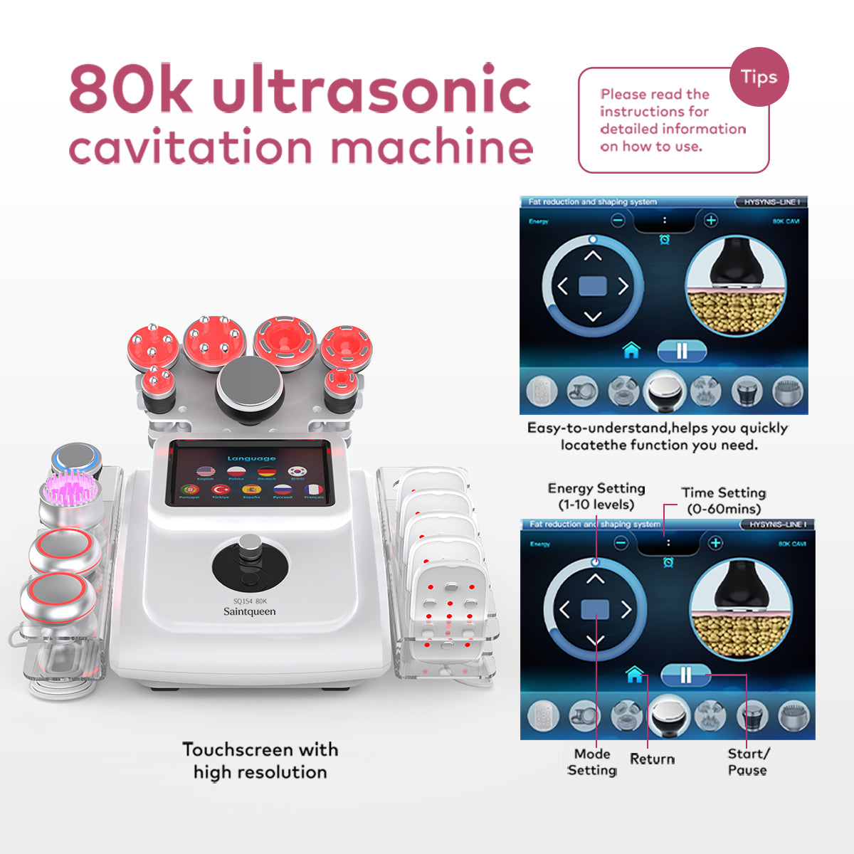 SQ154B Max 11-in-1 80K Ultrasonic Cavitation & RF Machine with Laser + Microcurrent Pads