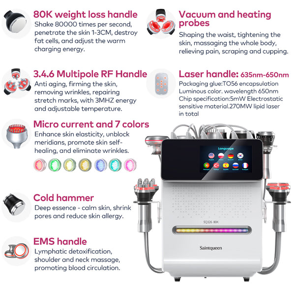 SQ126A Max 11-in-1 80K Ultrasonic Cavitation & RF Machine with Laser Pads