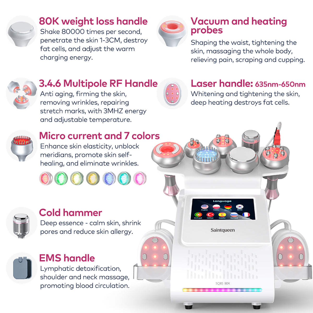 SQ85E Plus 9-in-1 80K Ultrasonic Cavitation & RF Machine with Laser + Microcurrent Pads Secondary image