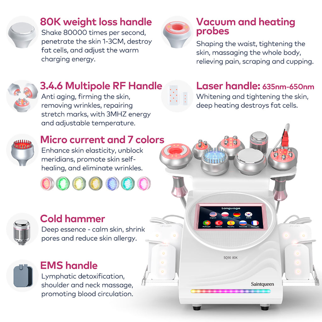 SQ90D Plus 9-in-1 80K Ultrasonic Cavitation & RF Machine with Laser Pads