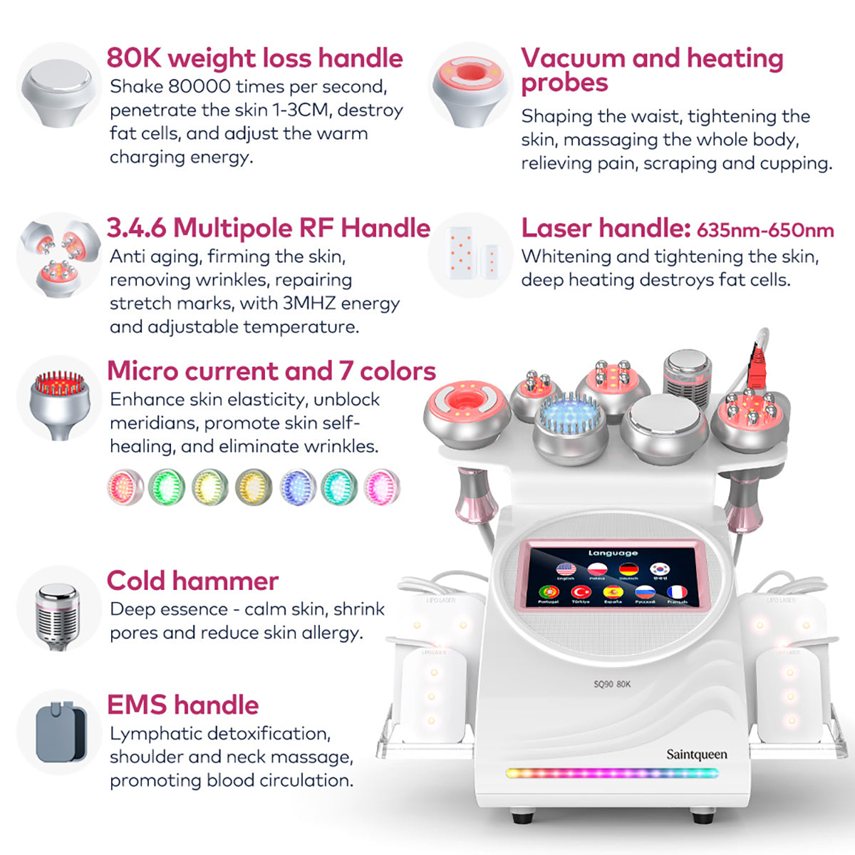 SQ90D Plus 9-in-1 80K Ultrasonic Cavitation & RF Machine with Laser Pads