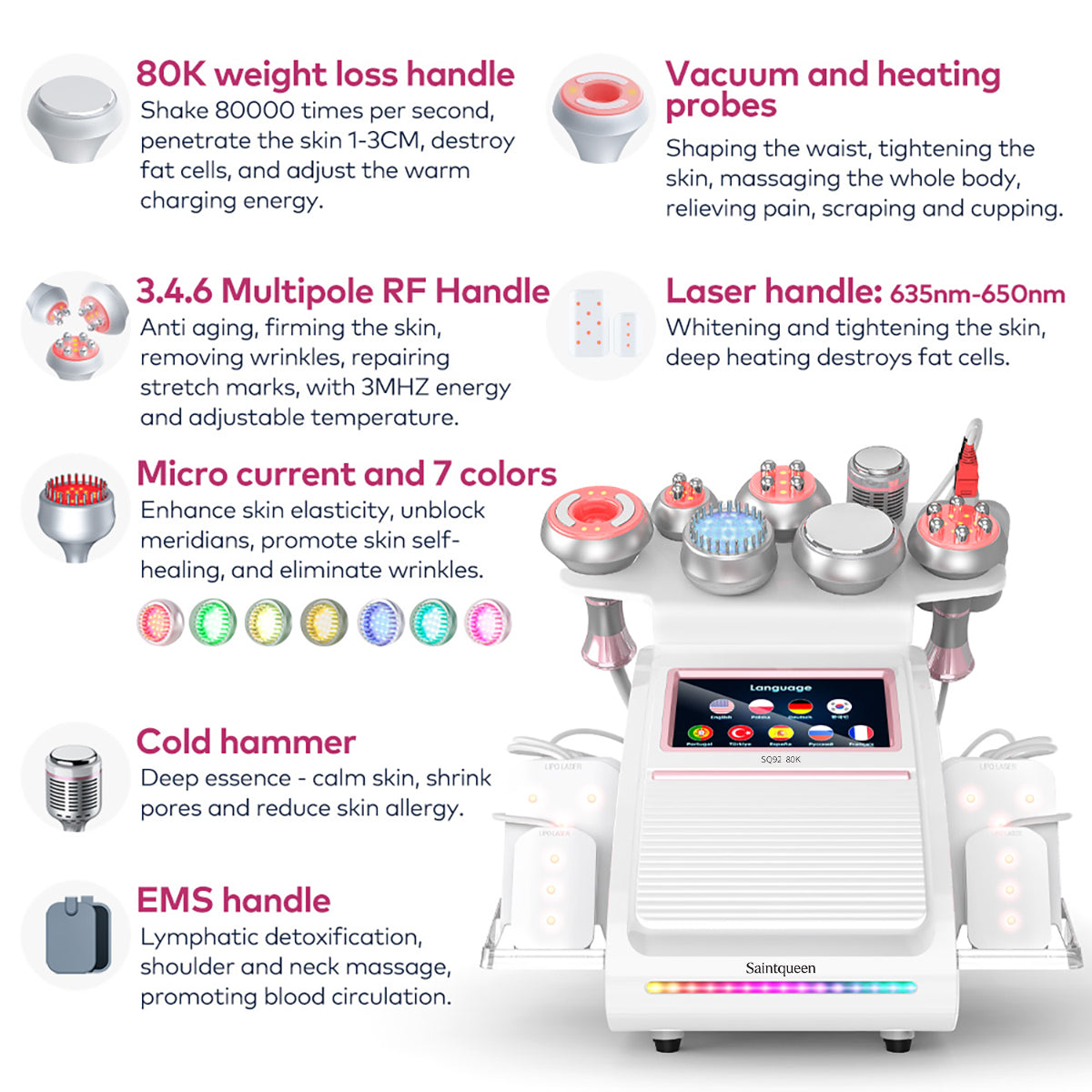 SQ92D Plus 9-in-1 80K Ultrasonic Cavitation & RF Machine with Laser Pads