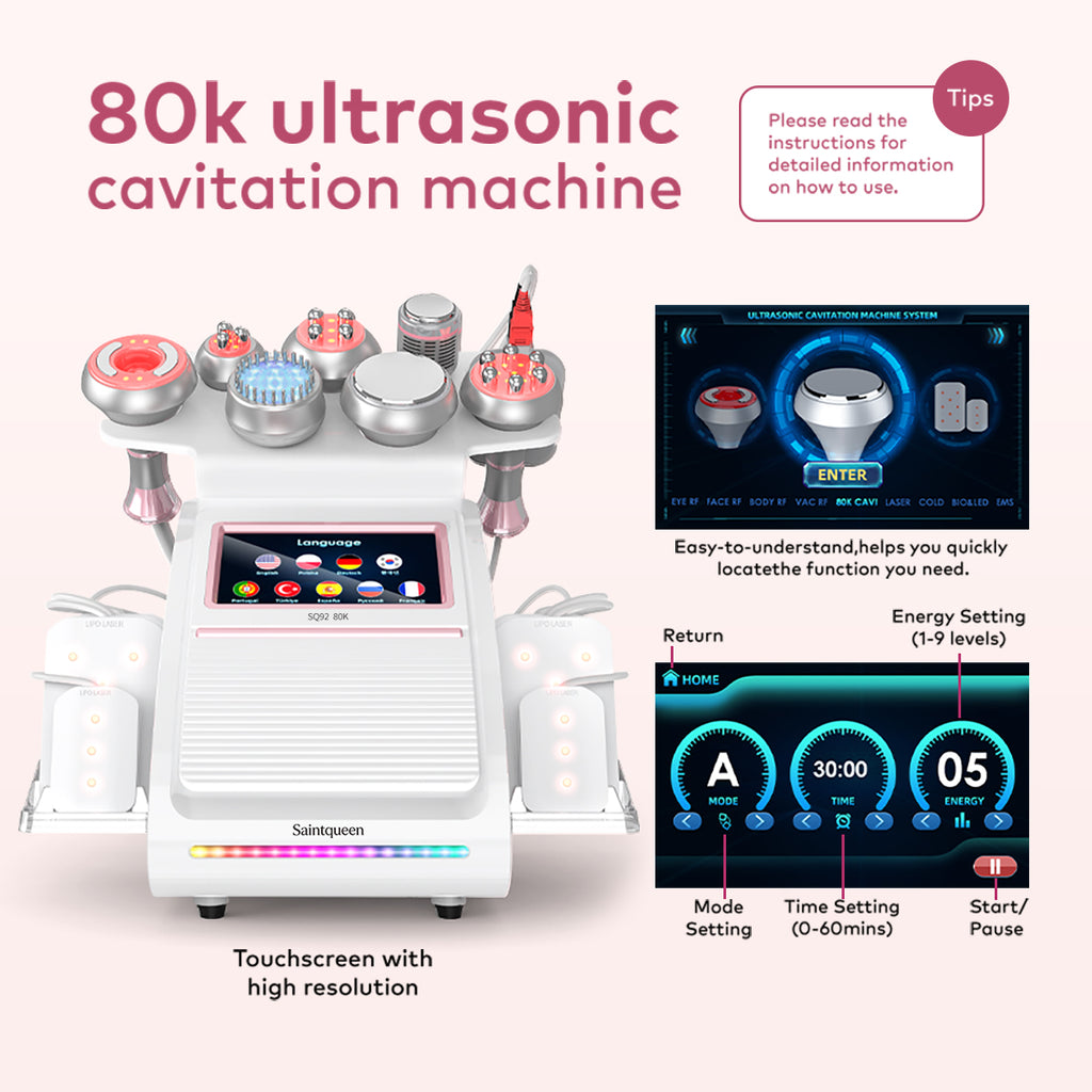 SQ92D Plus 9-in-1 80K Ultrasonic Cavitation & RF Machine with Laser Pads