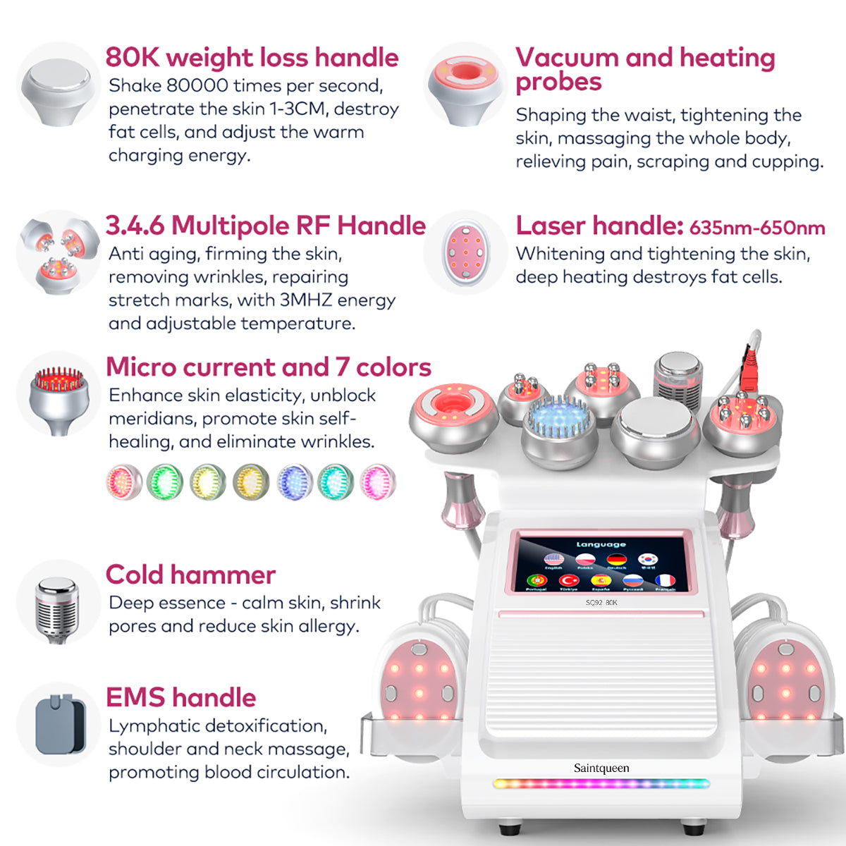 SQ92E Plus 9-in-1 80K Ultrasonic Cavitation & RF Machine with Laser + Microcurrent Pads Secondary image