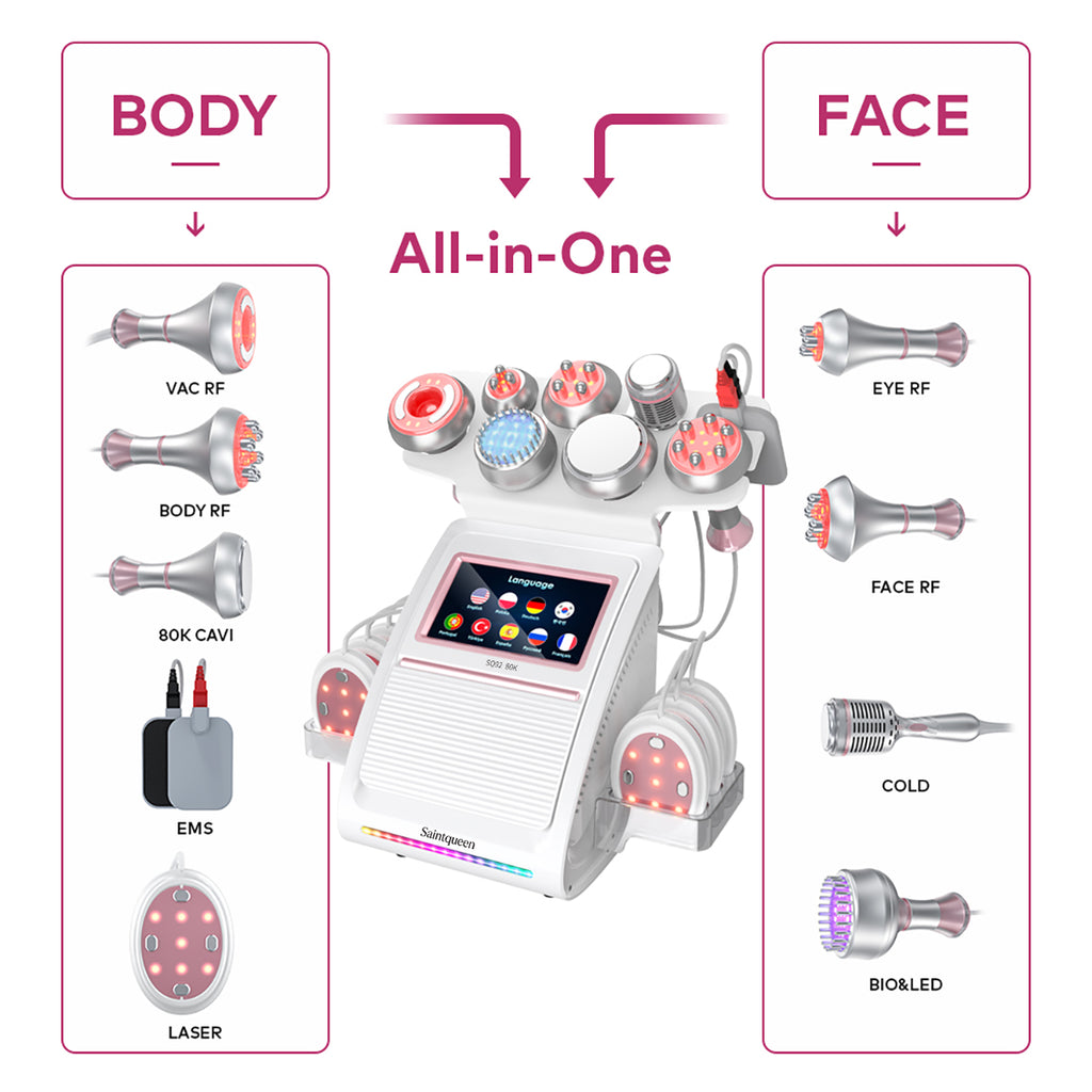 SQ92E Plus 9-in-1 80K Ultrasonic Cavitation & RF Machine with Laser + Microcurrent Pads