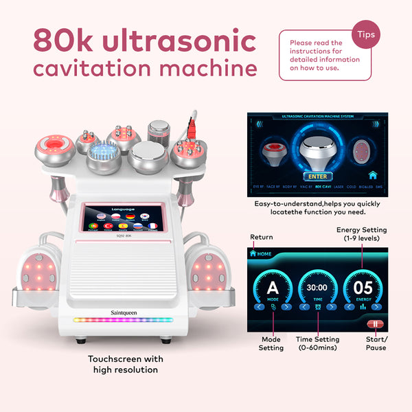 SQ92E Plus 9-in-1 80K Ultrasonic Cavitation & RF Machine with Laser + Microcurrent Pads
