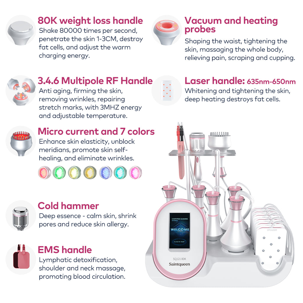 SQ121C Plus, 9in1 80K Cavitation Machine With Laser Lipo Pads Multi-Polar RF Vacuum EMS BIO LED Cold Hammer Body Sculpting Skin Tightening