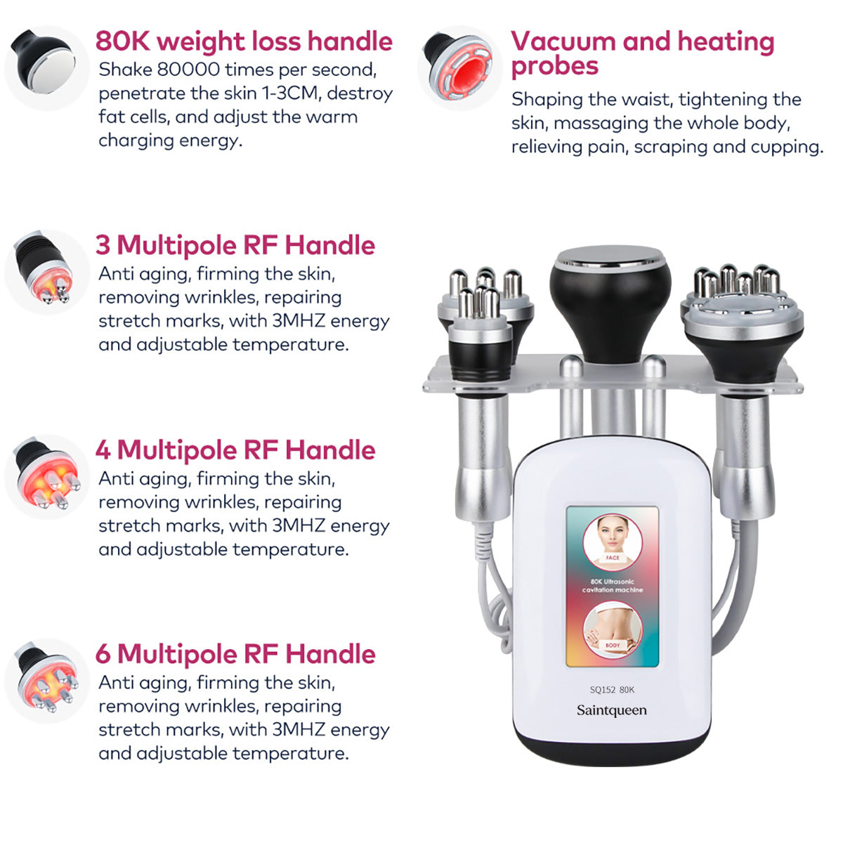 SQ152 Pro, 5in1 80K Ultrasonic Cavitation & Multi-Polar RF for Body Shaping, Face Lifting, Wrinkle Reduction & Skin Elasticity Improvement